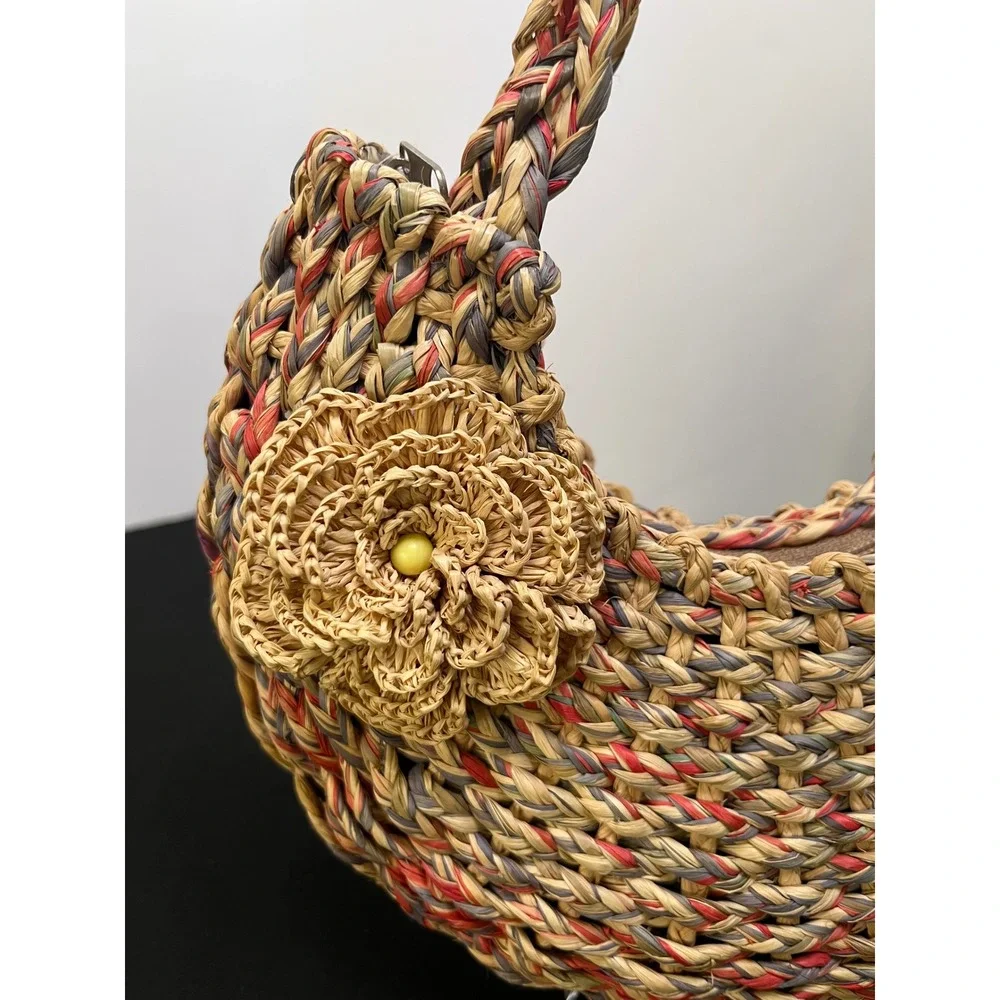Woven Straw Hobo Bag Multi-Color Braided Raffia Flower Accent Summer Handbag